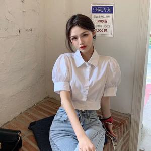 한국어 여름 퍼프 슬리브 흰색 셔츠 자른 여성 우아한 청소년 칼라 블라우스 옷 Preppy 짧은 소매 귀여운 탑