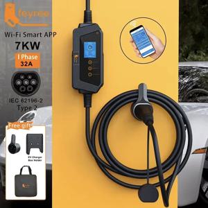 feyree 휴대용 EV 충전기 Type2 32A 7KW 전기 자동차용 고속 충전 전류 및 충전 시간 설정으로 Wi-Fi 제어 앱