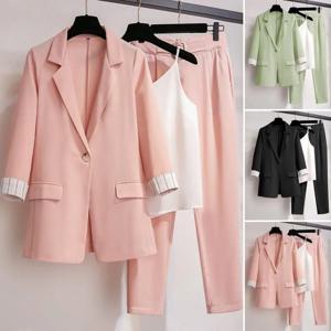 3 Pcs 세트 정장 여성 비즈니스 복장 탄성 허리 느슨한 양복 바지 조끼 세트 턴 다운 칼라 레이디 비즈니스 복장