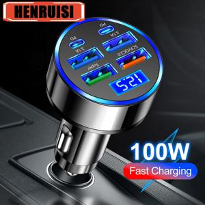 6 포트 차량용 충전기 USB C 차량용 전화 충전기 PD 유형 C 전원 어댑터(자동차 내) iPhone 용 고속 충전 Samsung Xiaomi Huawei QC 3.0