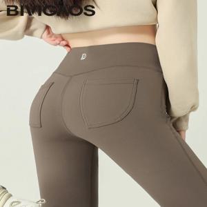BIVIGAOS 2024 가을 뉴 백 포켓 상어 가죽 바지 레깅스 여성 하이 웨이스트 스포츠 요가 러닝 캐주얼 레깅스