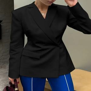 여성용 단추 백리스 세트, 우아한 긴 소매 컷 아웃 슬림 블랙 코트, 우아한 블레이저, 하이 스트리트 아우터