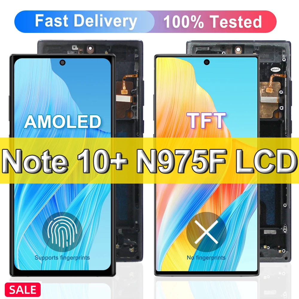 AMOLED TFT 노트 10 플러스 스크린, 삼성 노트 10 + LCD 디스플레이, 5G N976F 터치 스크린, 프레임 지지대 S 펜, 지문 포함