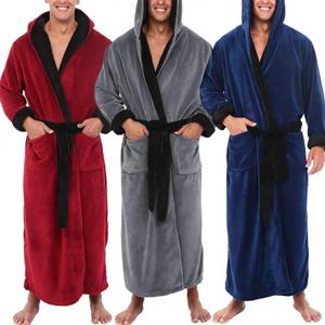 산호 양털 남성 목욕 가운 부드러운 플란넬 긴 가운 허리 스트랩 기모노 가운 겨울 Nightdress 목욕 가운 잠옷 남성 란제리