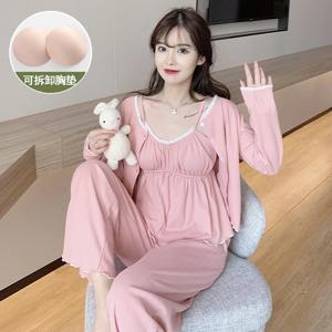 여름 잠옷, 여성면 슬링 가슴 패드 바지, 섹시한 3 피스 의류, 여성용 긴팔 홈웨어, 봄/가을/겨울용