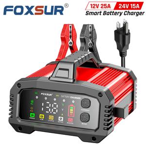 FOXSUR 휴대용 스마트 자동차 배터리 충전기 12V 24V 25Amp 자동차 LiFePO4 AGM 젤 납 산성 오토바이 트럭 보트 부스터