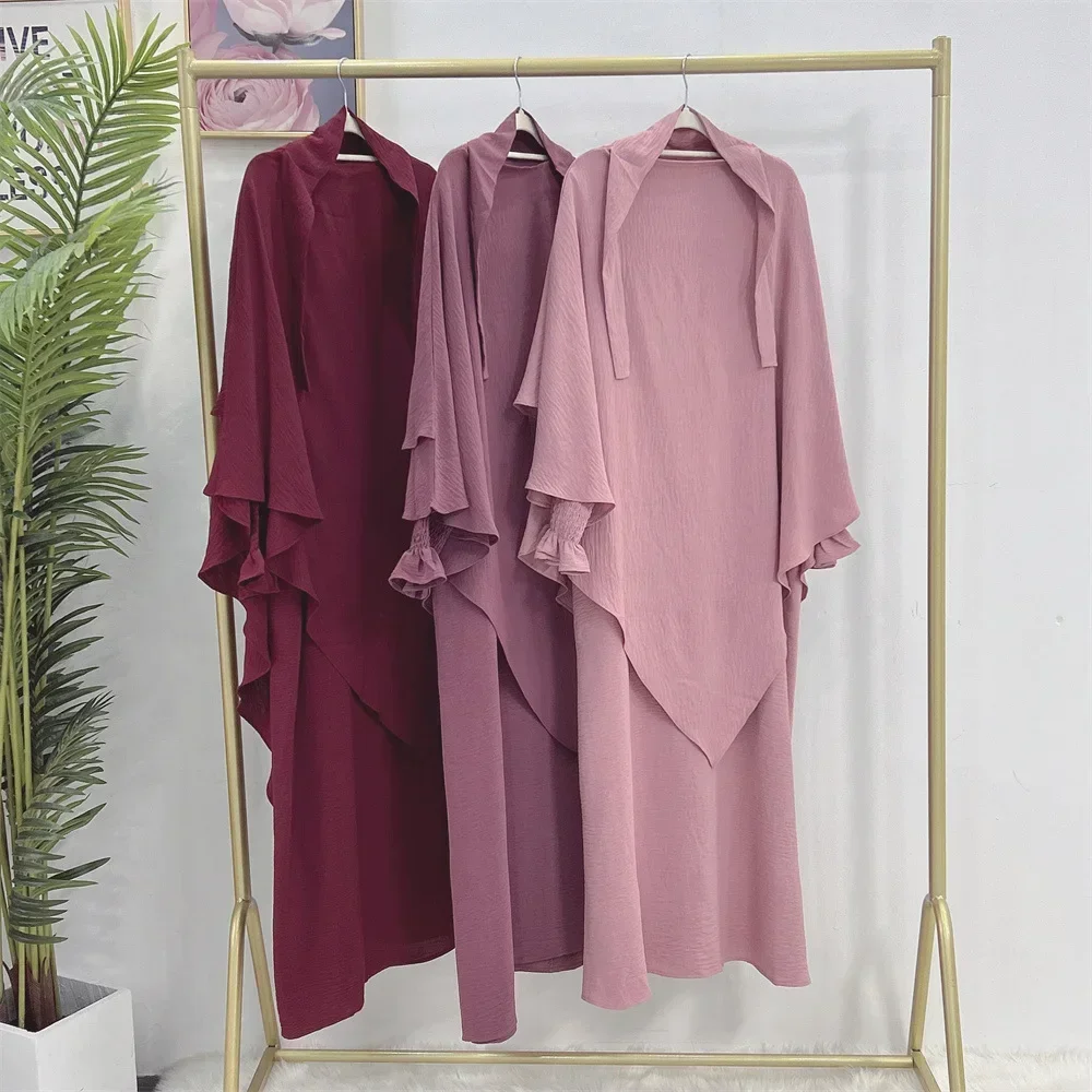 Khimar Abaya 여성용 주름 원단 스모크 커프 원피스 + 2 단 히잡 스카프, 이슬람 질밥 기도복, 라마단 무슬림 세트