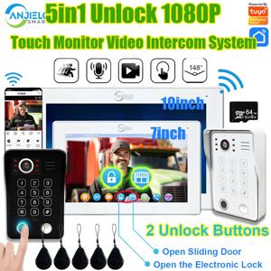스마트 와이파이 문짝 카메라 잠금 해제 지문, 모니터 인터콤, 홈 인터폰 초인종, RFID 카드, 5 인 1