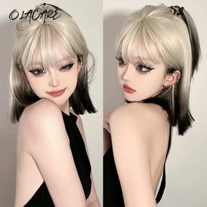 짧은 스트레이트 밥 그레이 애쉬 금발 합성 가발(뱅 포함) 천연 블런트 컷 헤어 가발(백인 여성용) 일일 내열성