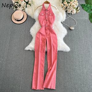 Neploe 새로운 빈티지 턴 다운 칼라 민소매 바디 슈트 한국 하이 웨이스트 우아한 점프 슈트 사파리 스타일 데님 스트레이트 Ropa Mujer