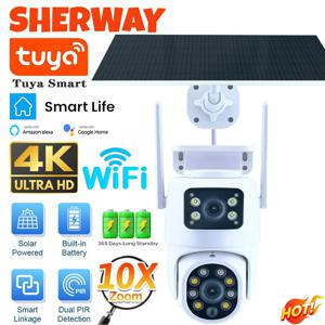 Tuya 태양열 카메라 WiFi 야외 10MP 듀얼 렌즈 4K 무선 듀얼 스크린 PTZ 보안 카메라 저전력 배터리 캠 모션 감지