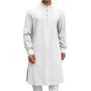 Djellaba Men Pleated Jubba Thobe 긴 소매 버튼 다운 캐주얼 이슬람 긴 가운 코튼 린넨 아라비안 라마단 이슬람 Caftan
