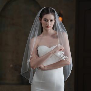 우아한 신부 베일, V843, 한 겹 일반 얇은 명주 그물 레이스, 흰색 손가락 끝 신부 머리 장식 베일, 웨딩 원피스