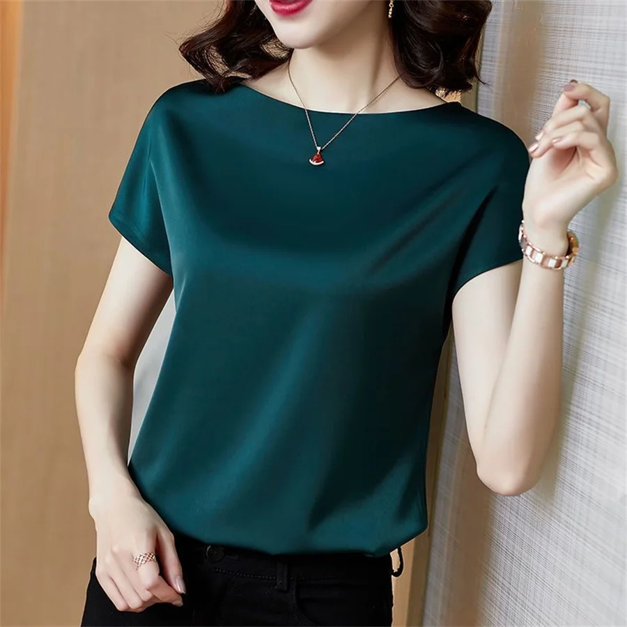 Office Lady Tops 여름 짧은 소매 오-넥 블라우스 새틴 블라우스 여성 셔츠 Simple Solid Casual Loose Shirt Blusas DF4904