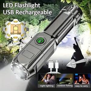 LED 캠핑 토치 손전등 고전력 충전식 USB 스포트라이트 줌 랜턴 낚시 야외 방수 내장 배터리