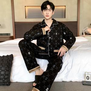 검은 고급스러운 남성 잠옷 세트 가을 겨울 긴 소매 긴 바지 캐주얼 잠옷 부드러운 잠옷 아늑한 Pijamas 성인 Pjs 수면