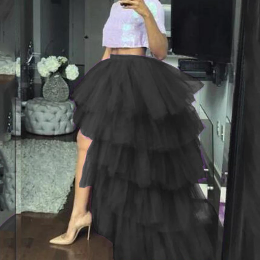 BABYONLINE 여성 계층화 된 Tulle 하이 로우 스커트 신축성있는 허리 페티코트 푹신한 롱 Tulle 스커트 여성 맥시 스커트 프리 사이즈