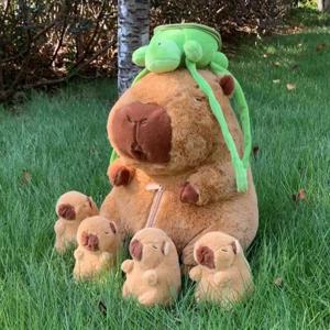 Capybara 플러시 장난감 세트 엄마 4 작은 Capibaras Capibala 플러시 인형 박제 동물 베개 거북이 배낭 자동차 장식
