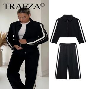 TRAFZA 2024 새로운 여성 캐주얼 블랙 바지 정장 스포츠 짧은 재킷 + 여성 Vinatge 블랙 화이트 패치 워크 헐렁한 바지 스트리트