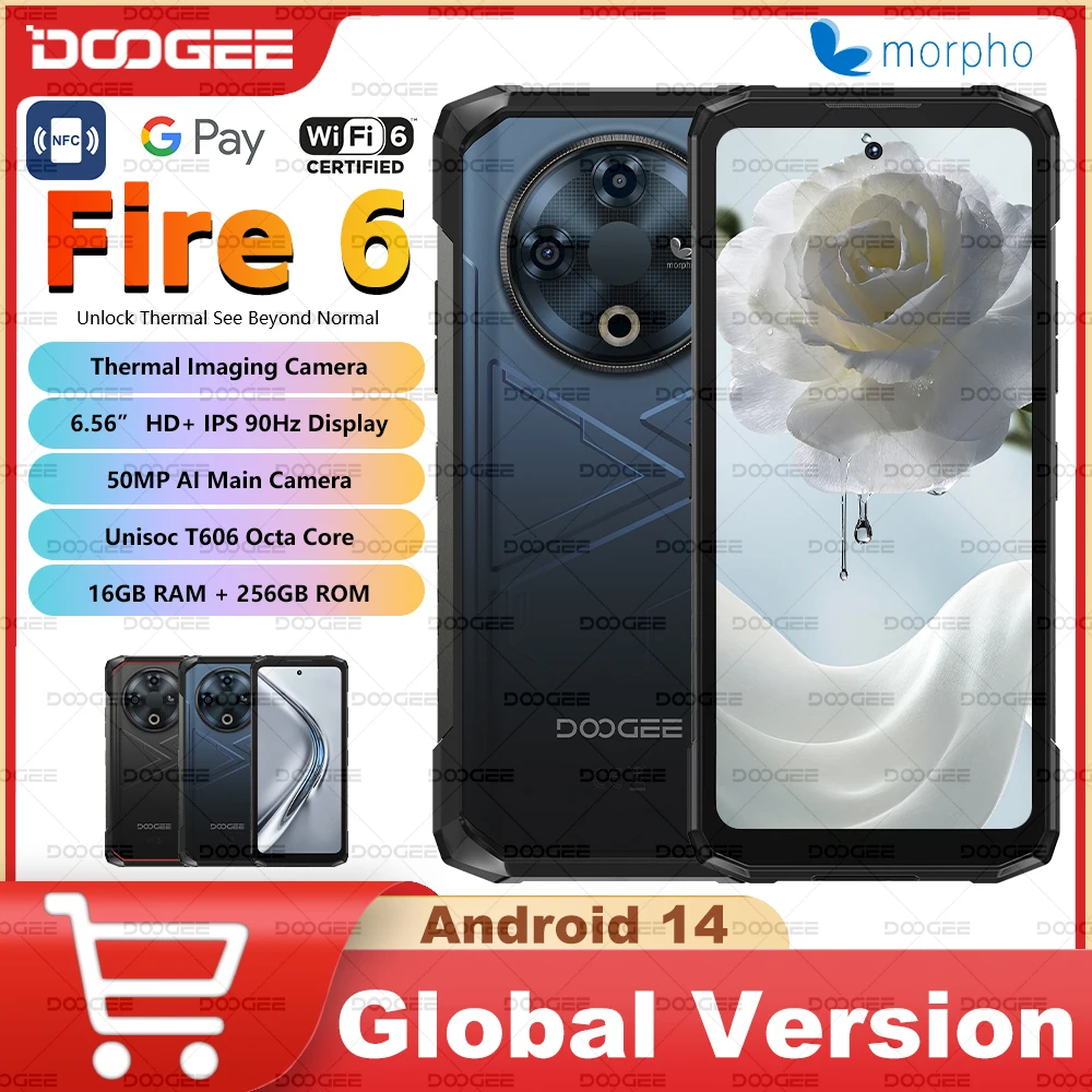DOOGEE Fire 6 견고한 휴대폰, 6.56 인치, 90Hz 디스플레이, 6GB RAM, 256GB ROM, 50MP AI 메인 카메라, 10400mAh, 18W, 안드로이드 14, 월드 프리미어