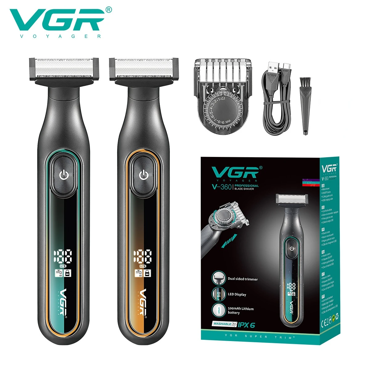 VGR 360 헤어 트리머, 가정용 방수 충전식 조절식 헤어 트리머, 전신 세척 가능, 왕복 남성 트리머