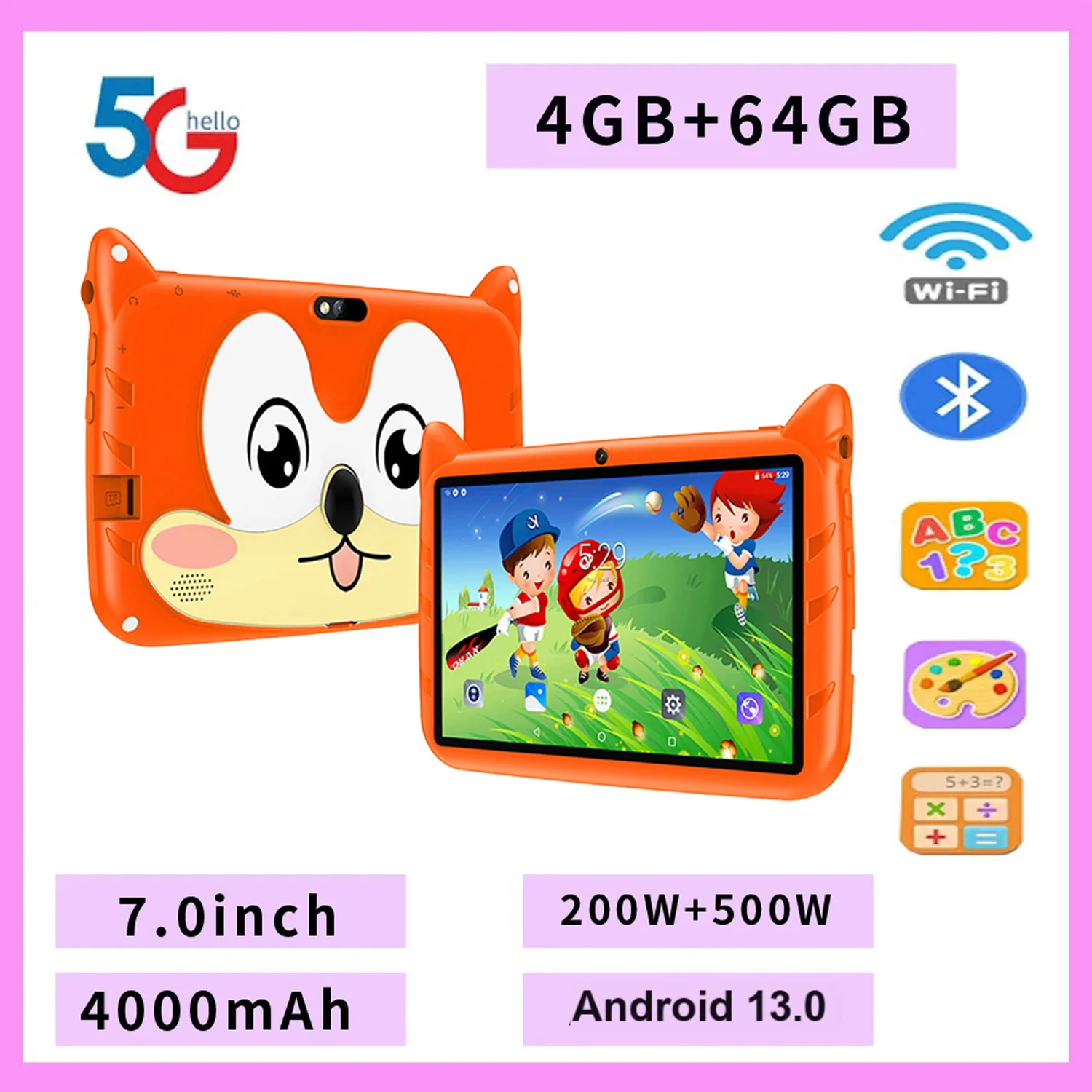 새로운 7 인치 만화 패턴 어린이 정제 쿼드 코어 4GB + 64GB ROM 블루투스 5G WiFi 학습 교육 게임 태블릿 어린이 선물