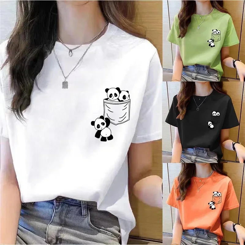 여성용 반팔 상의, 포켓 판다 만화 프린트 티셔츠, 한국 패션, 루즈 라운드 넥 티셔츠, 여름 신상