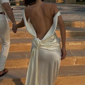 여성을위한 새틴 백리스 섹시한 맥시 드레스 우아한 로즈 허벅지 높은 분할 해변 휴가 LongDress 화려한 클럽 가운 sukienka damska