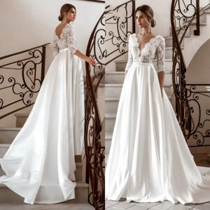 우아한 긴 소매 레이스 웨딩 드레스 v 넥 새틴 a 라인 2020 vestido de novia 신부 가운 가을 새로운 빈티지 단순