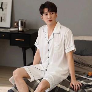 남자를위한 여름 새 잠옷 빅 사이즈 새틴 남성 잠옷 세트 반바지 실크 반팔 잠옷 홈 Pijama Night Wear Loungewear