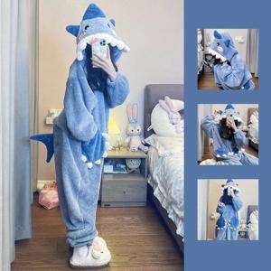 만화 귀여운 상어 여성 후드 잠옷 Pijama 점프 슈트 여성 세트 귀여운 크리스마스 파티 Loungewear
