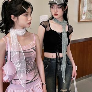 여성 좁은 긴 스카프 140cm 솔리드 컬러 실크 블랙 가방 리본 머리띠 초커 꽃 레이스 스카프 Y2k 긴 리본 스카프 목도리
