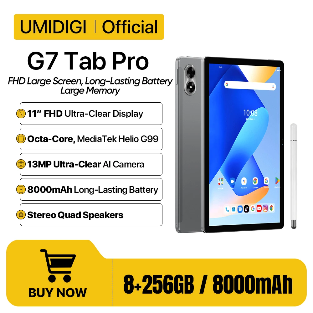 UMIDIGI 탭 프로 태블릿, MTK Helio G99, 8 코어, 11 인치 FHD, 8 + 8GB, 256GB, 8000mAh 대용량 배터리, 18W 충전, 13MP 쿼드 스피커, SIM 카드, G7