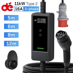 dé EV 충전기, 조정 가능한 충전 전원 충전 케이블, IP66 CEE 16A 에서 타입 2 모바일 월박스, 11kW, 6m, 8m, 12m, 3 상 6-16A