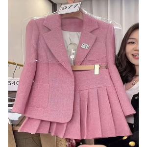 봄 패션 우아한 2 조각 세트 여성 정장 재킷 스티치 루즈 탑 플리츠 스커트 Office Lady Two-piece Set