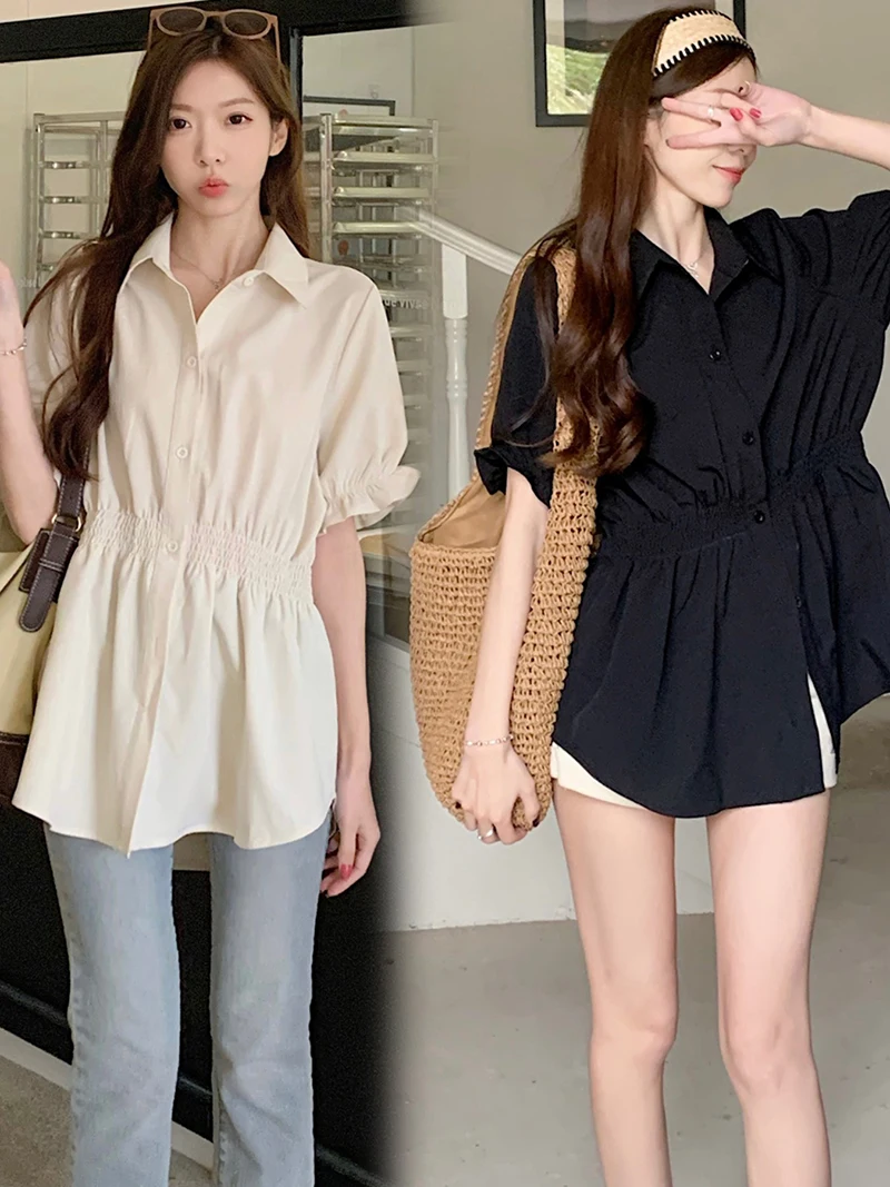 슬림핏 셔츠 여성복 한국 스타일 슬림핏 반소매 정어깨 허리 조임 배 가리는 여름 셔츠 블라우스 셔츠