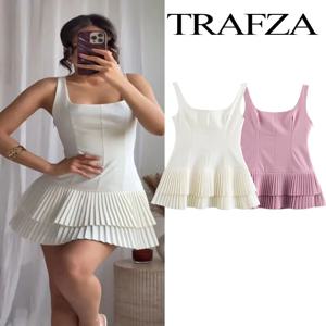 TRAFZA 여성 패션 스퀘어 칼라 민소매 솔리드 미니 드레스 여성 여름 Pleated 드레스 세련된 하이 스트리트 슬림 짧은 드레스