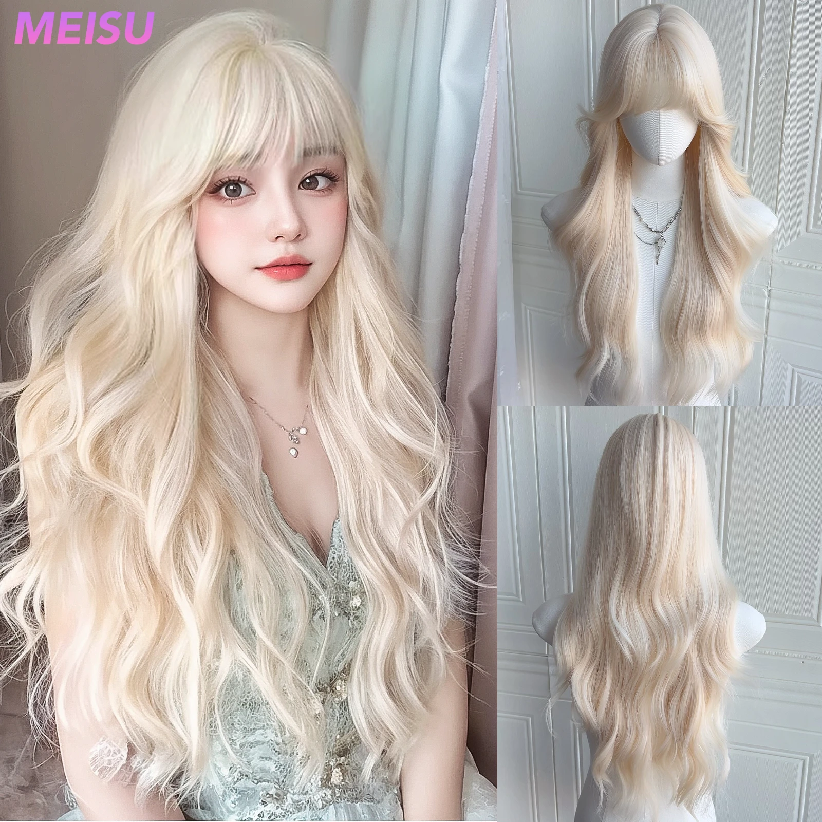 MEISU 26 인치 합성 물 곱슬 웨이브 가발 에어 뱅 헤어 플래티넘 내열성 자연스럽고 부드러운 여성용 데일리웨어