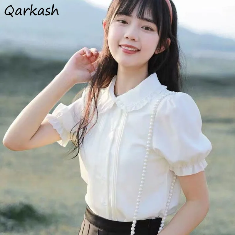 여성용 퍼프 소매 화이트 셔츠, 달콤한 캐주얼 미학 프레피 카와이 의류, 우아한 여름 템퍼 카미사스, 부드러운 빈티지 시크