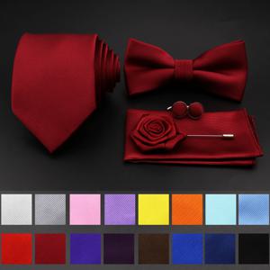 뜨거운 판매 레드 블루 넥타이 세트 폴리 에스터 슬림 스트라이프 넥타이 Bowtie 커프스 단추 브로치 신랑 정장 웨딩 넥타이 셔츠 액세서리