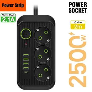 EU 플러그 전원 스트립 2M 연장 케이블 다중 3AC 콘센트 4개의 USB 1 유형 C 네트워크 필터 고속 충전 전기 소켓