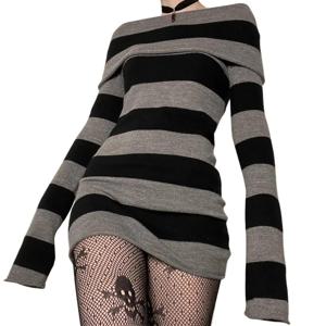 여성 스트라이프 미니 Bodycon 드레스 스트라이프 보트 넥 오프 어깨 긴 소매 짧은 드레스 봄 가을 래핑 된 힙합 파티 드레스