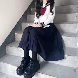 일본 학교 유니폼 여자 플러스 사이즈 Jk 정장 빨간 넥타이 흰색 세 가지 기본 선원 유니폼 여성 롱 스커트 정장