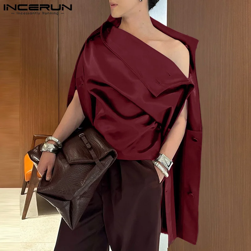 INCERUN 남성 긴 소매 셔츠 2024 캐주얼 솔리드 컬러 루즈 블라우스 오프 숄더 디자인 탑 Deconstruction Elegant Tunics