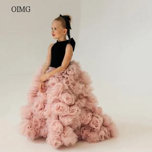 OIMG 럭셔리 볼 플라워 걸 드레스, 하이넥 가운, 웨딩 파티 원피스 꽃, 바닥 길이, 맞춤형 공주 생일 원피스