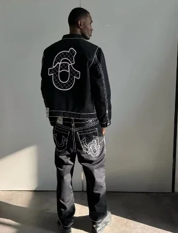 힙합 편지 수 놓은 재킷 청바지 두 조각 Y2K streetwear 남성 여성 tracksuit 레트로 느슨한 가죽 바이커 펑크 재킷 세트