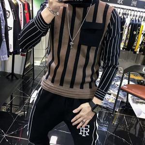 패션 오-넥 니트 스플 라이스 포켓 가짜 두 조각 스트라이프 스웨터 남성 의류 2022 가을 새로운 캐주얼 풀오버 따뜻한상의