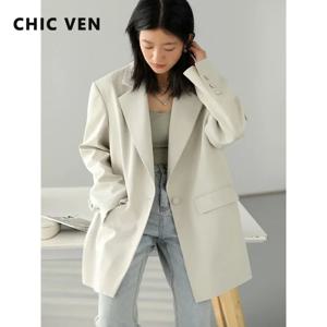 CHIC VEN 한국 여성 블레이저, 단색, 캐주얼, 루즈, 와이드 숄더, Ovecoat 원 단추, 오피스 레이디 탑, 여성 재킷, 용수철, 가을, 2023