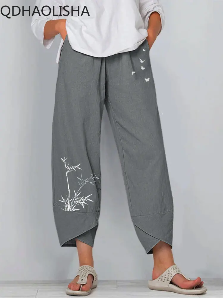 헐렁한 바지 여성 한국어 패션 탄성 허리 코튼 느슨한 캐주얼 발목 바지 streetwear 높은 허리 여름 여성 바지
