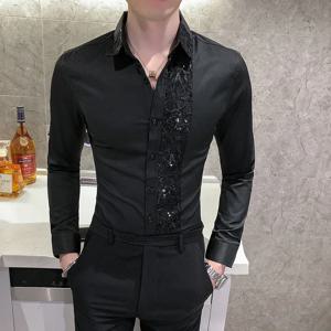 럭셔리 블랙 화이트 섹시한 레이스 패치 워크 셔츠 2023 패션 남성 슬림 피트 사회 드레스 나이트 클럽 가수 파티 캐주얼 셔츠 4XL-M
